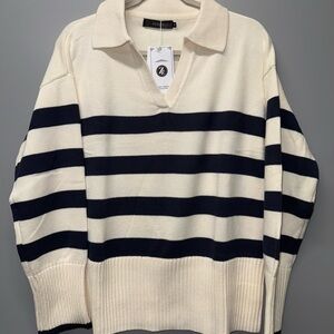 Zesica Cream Striped Collared Knit V Neck Long Sleeve Sweater